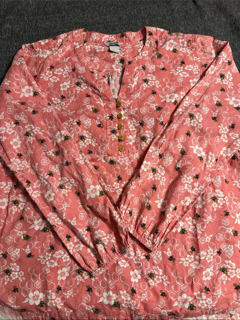 Duluth Trading Co Pink Floral Henley Tunic with Bee Motif
